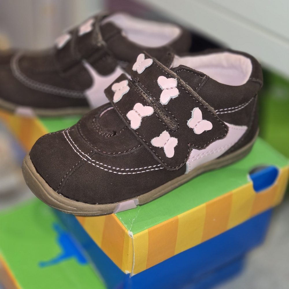Jumping Jacks Brown and Pink Baby Shoes with Butterfly Design